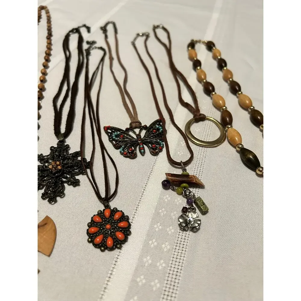 Vintage Nature Mixed Lot 16Pc Wood Leather Seed Bead Necklace Bracelet Lot